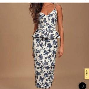 Lulus - A Sight To See Navy Blue Floral Print Jacquard Peplum Midi Dress